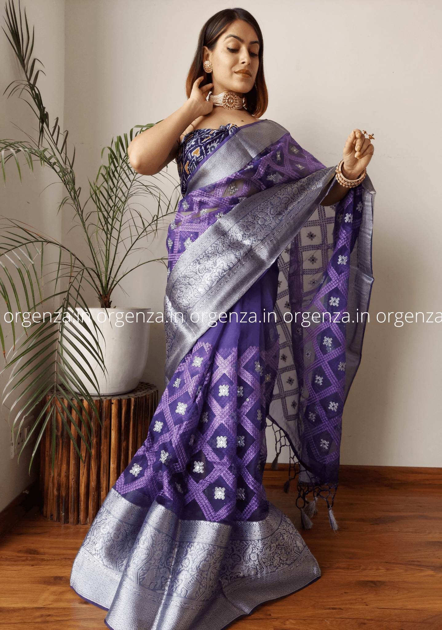 Kora Navy Blue Organza Silk Saree With Elephant Zari Border - Orgenza Store
