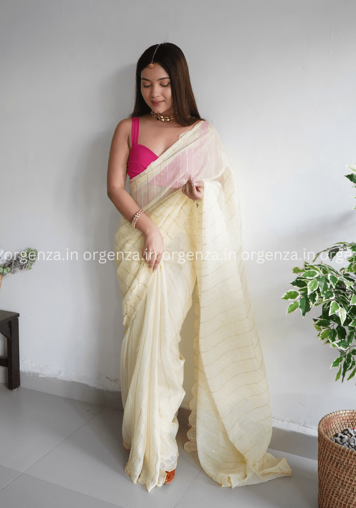 Light Yellow Lining Organza Saree - Orgenza Store