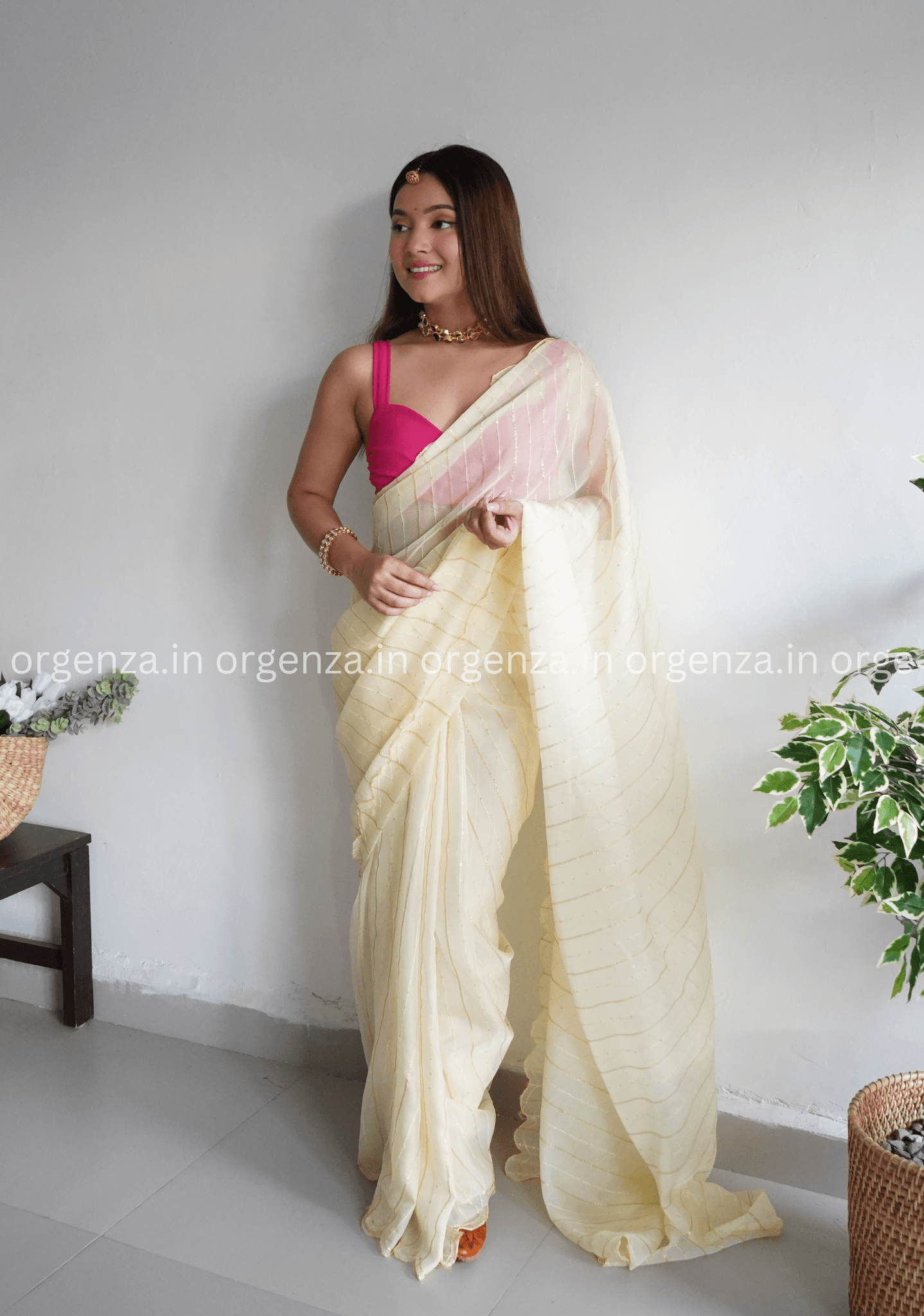 Light Yellow Lining Organza Saree - Orgenza Store