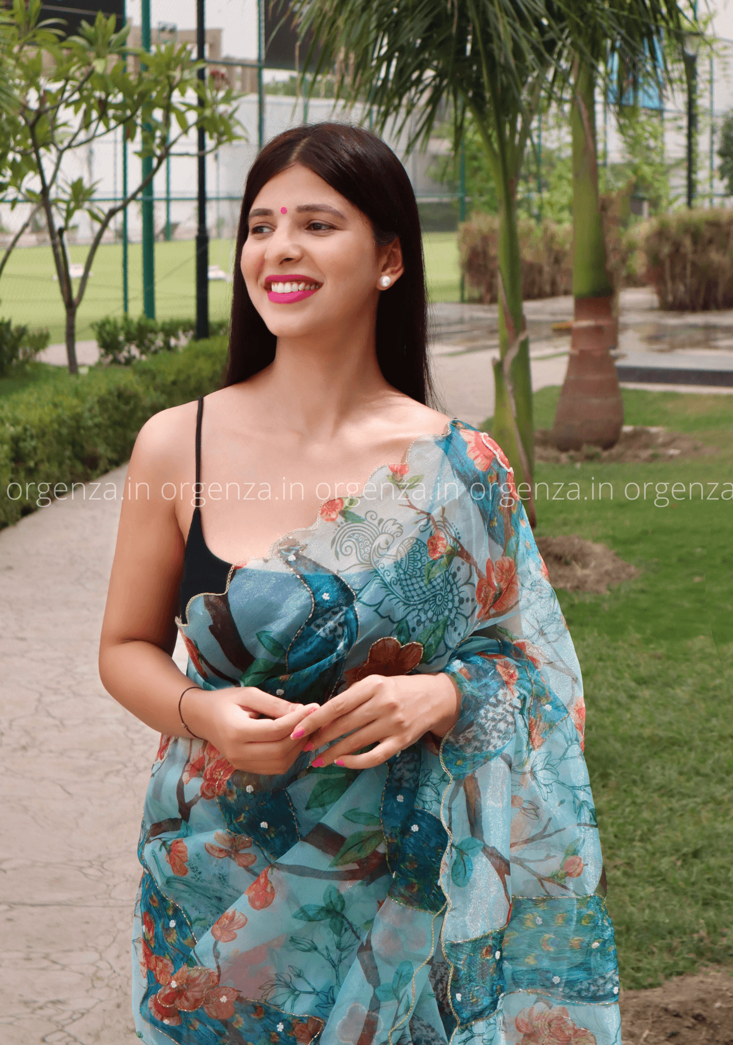 Soft Organza Multi Aqua Colour With Readymade Blouse - Orgenza Store