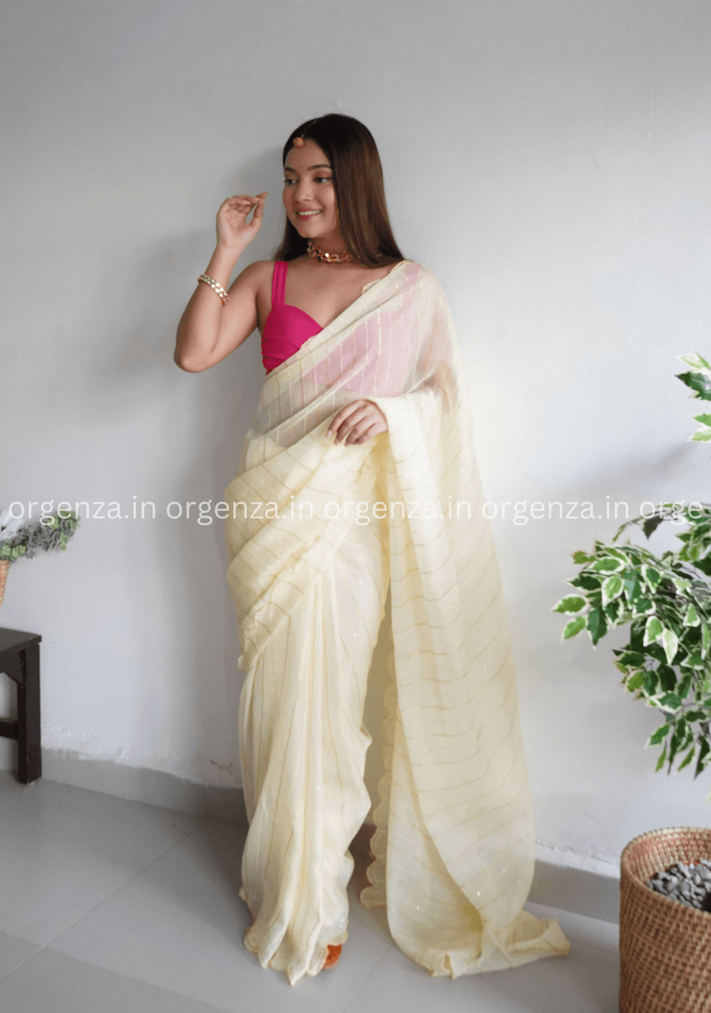 Light Yellow Lining Organza Saree - Orgenza Store