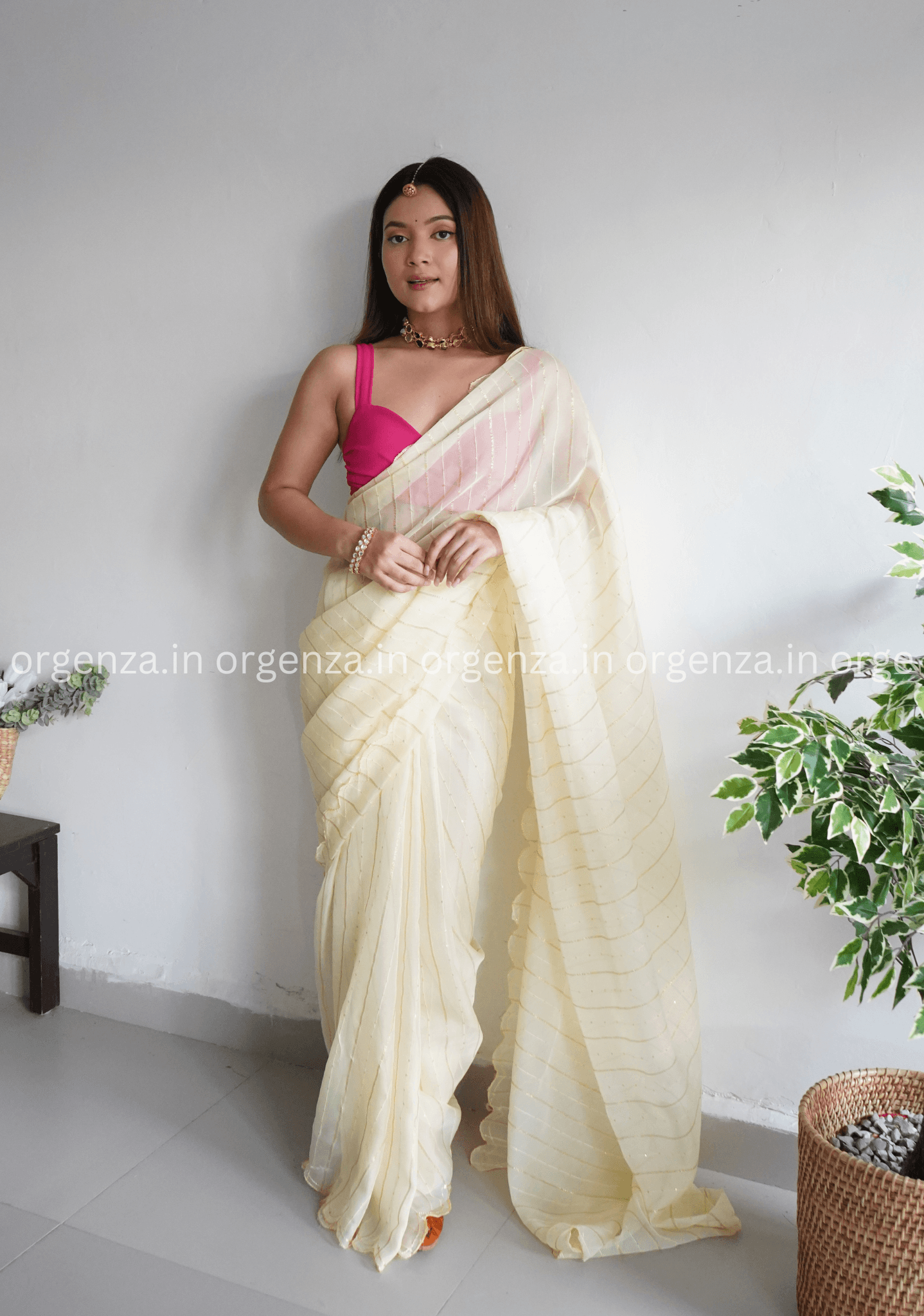 Light Yellow Lining Organza Saree - Orgenza Store