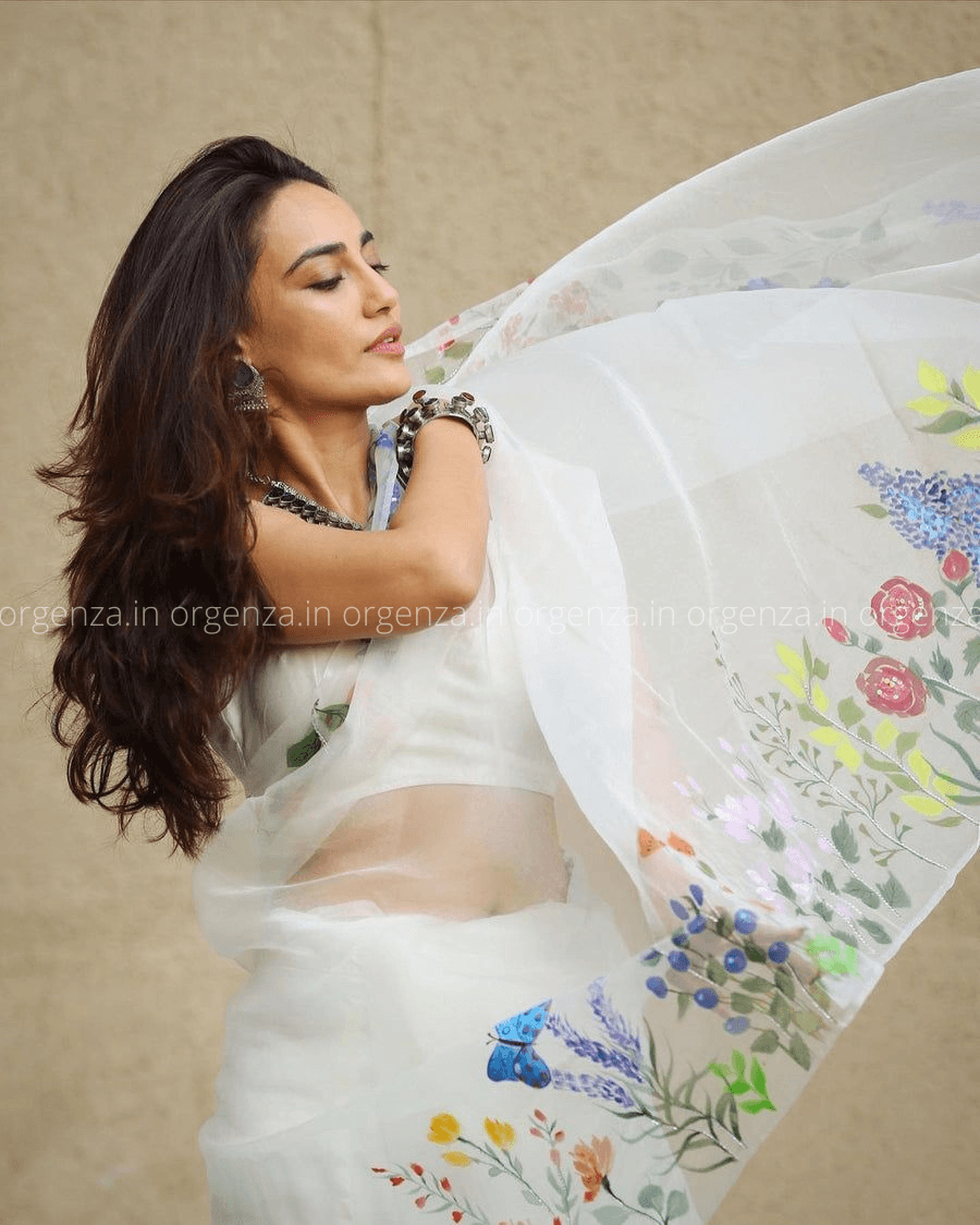 White Colour Organza Saree With Handwork - Orgenza Store