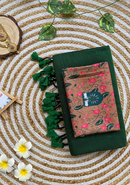 Green Colour Cotton Saree With Cow Print Blouse