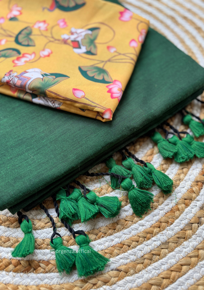 Green Colour Cotton Saree With yellow Print Blouse