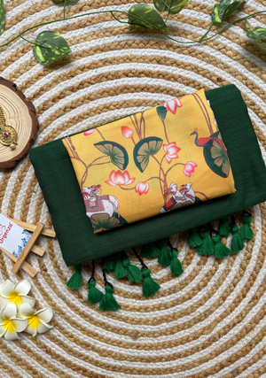 Green Colour Cotton Saree With yellow Print Blouse - Orgenza Store - digisoch