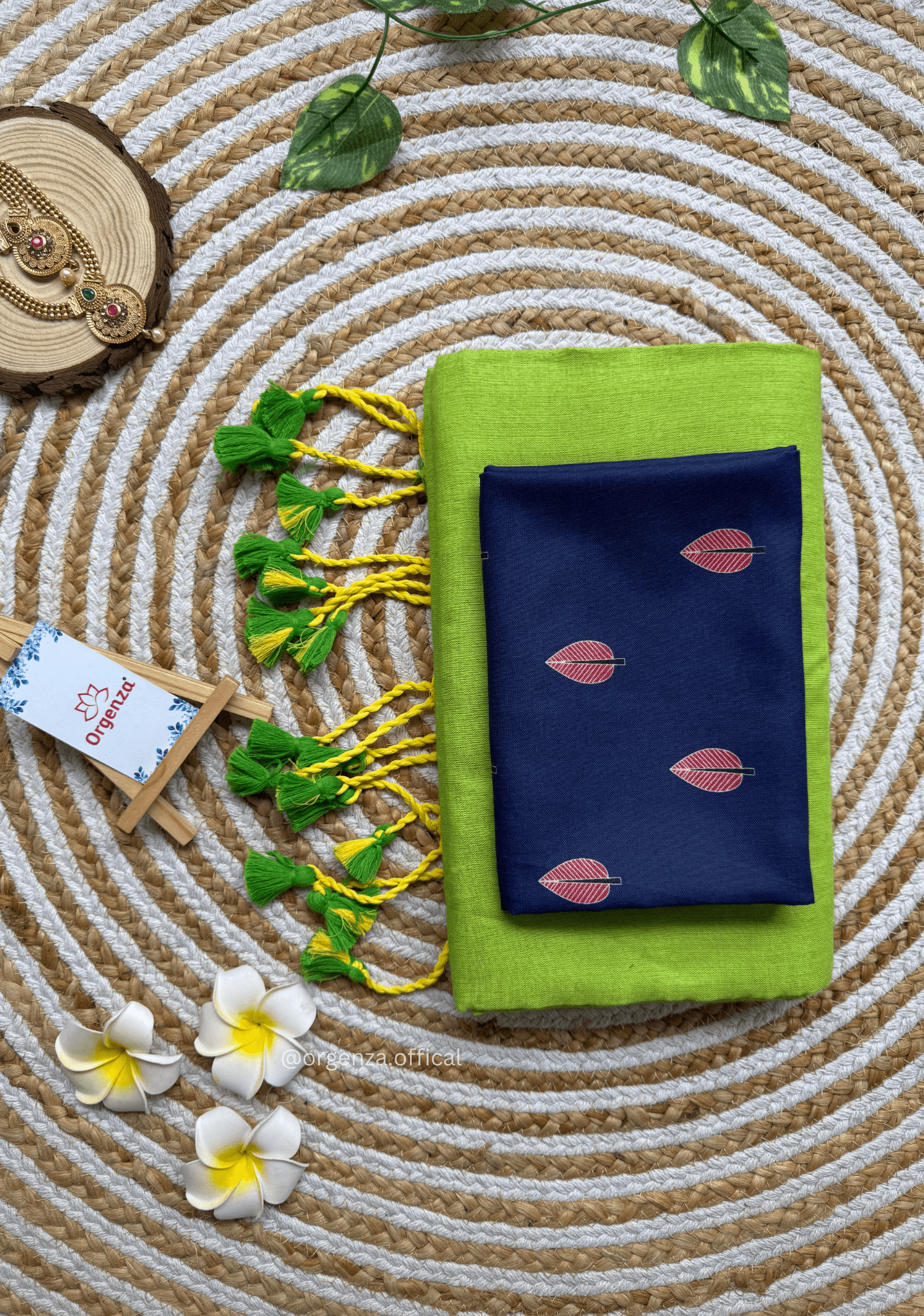 Parrot Green Colour Cotton Saree With Blue Leaf Printed Blouse - Orgenza Store - digisoch