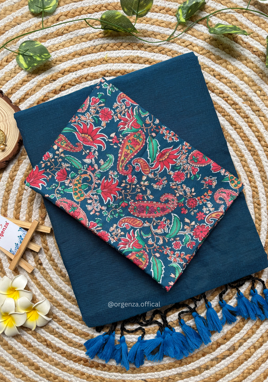 Rama Blue Colour Cotton Saree With Kalamkari Print Blouse