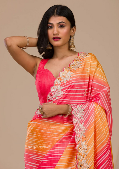 Peach And yellow Colour Chinnon Digital Print Saree