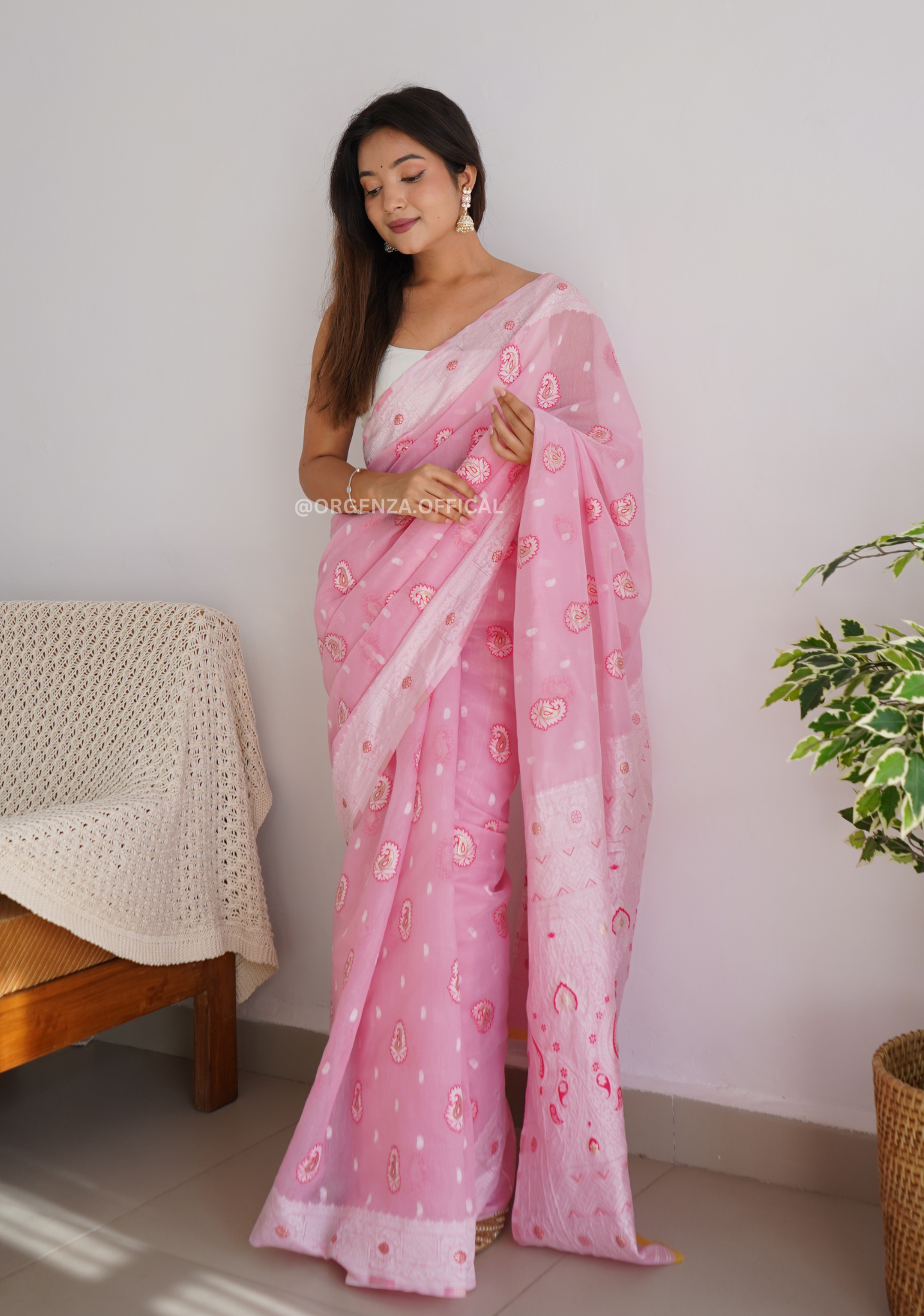Linen Silk Saree With Badla Weaving - Orgenza Store