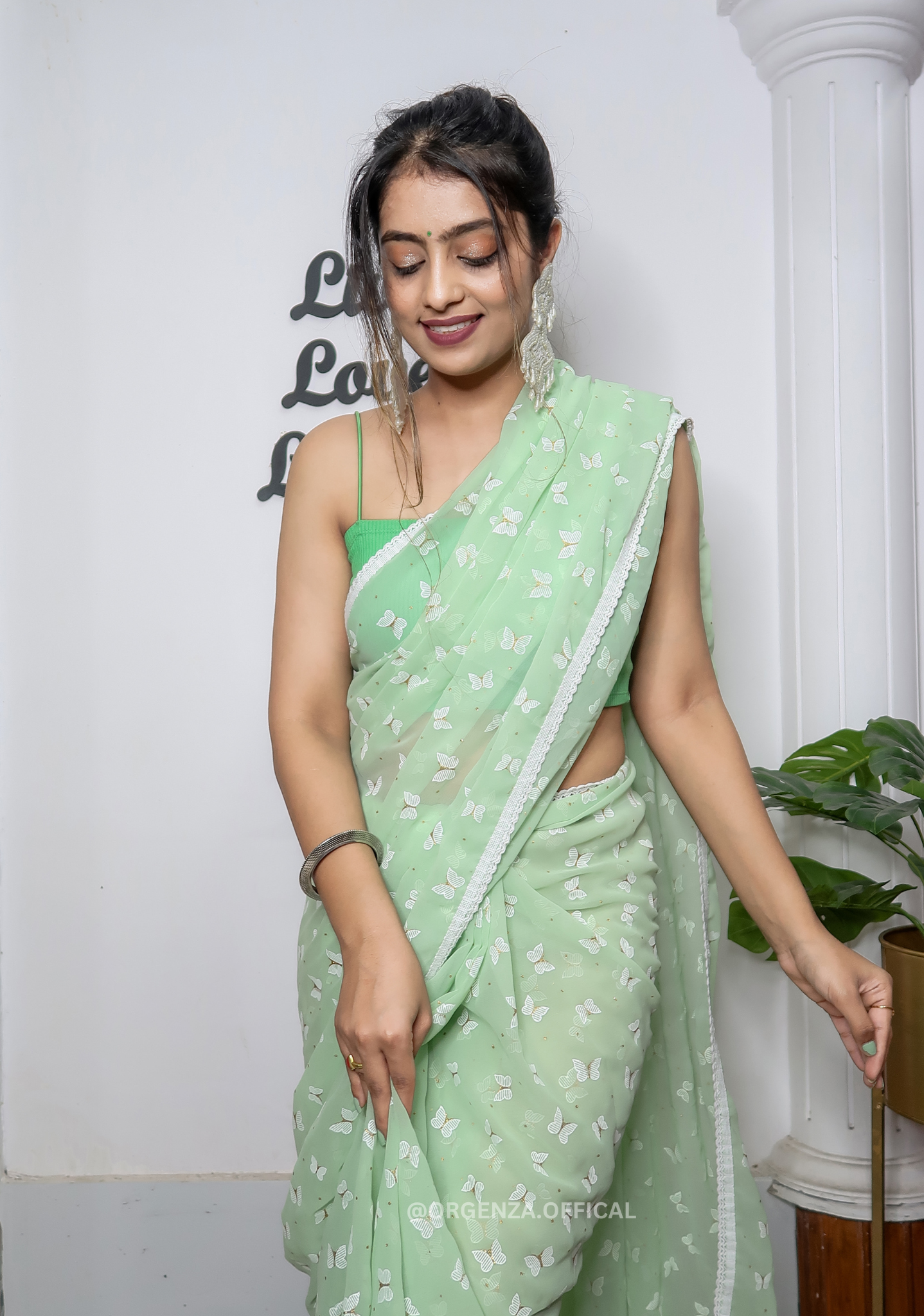 Pista Green Georgette Saree With Print - Orgenza Store