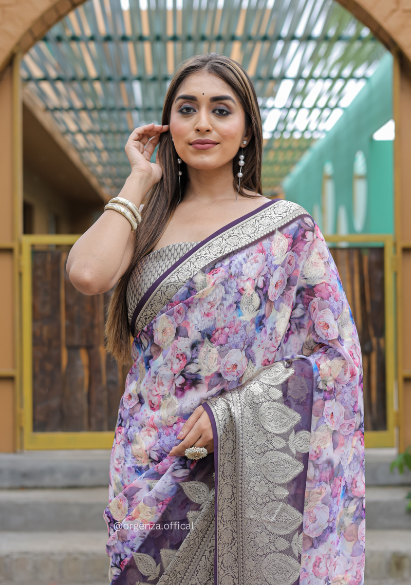 Purple Georgette Saree With Viscose Border