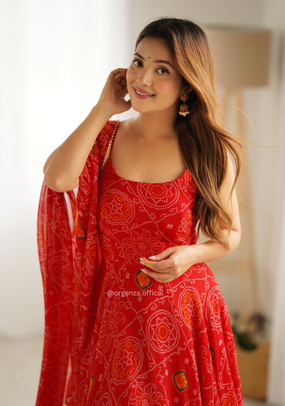 Soft Chiffon Bandhej 8-Meter Flare Gown Set – Fully Stitched