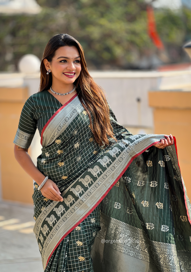 Bottle Green Colour Silk Saree With Gold And Silver Zari