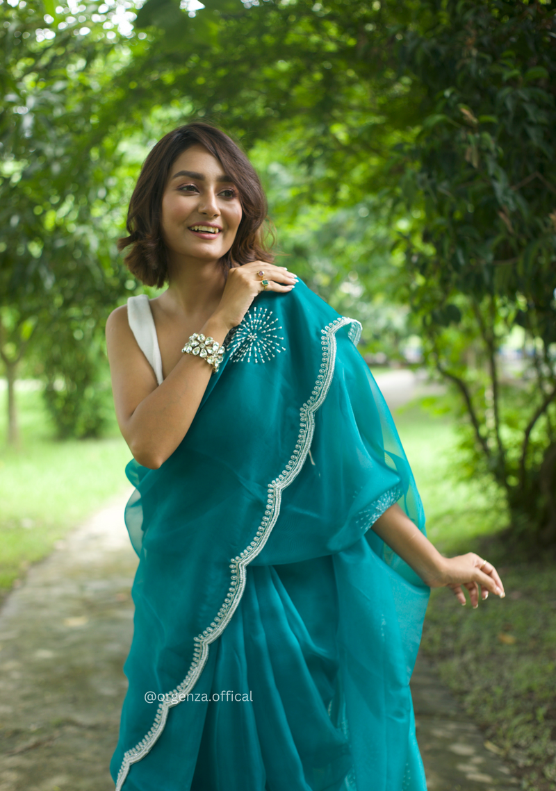 C Green Colour Organza Saree With Hand Work