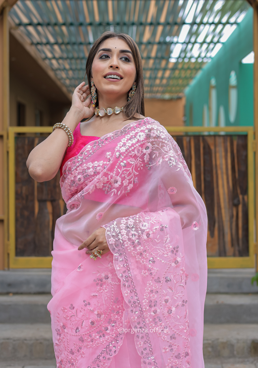 Baby Pink Soft Organza Saree With Sequence Work - Orgenza Store