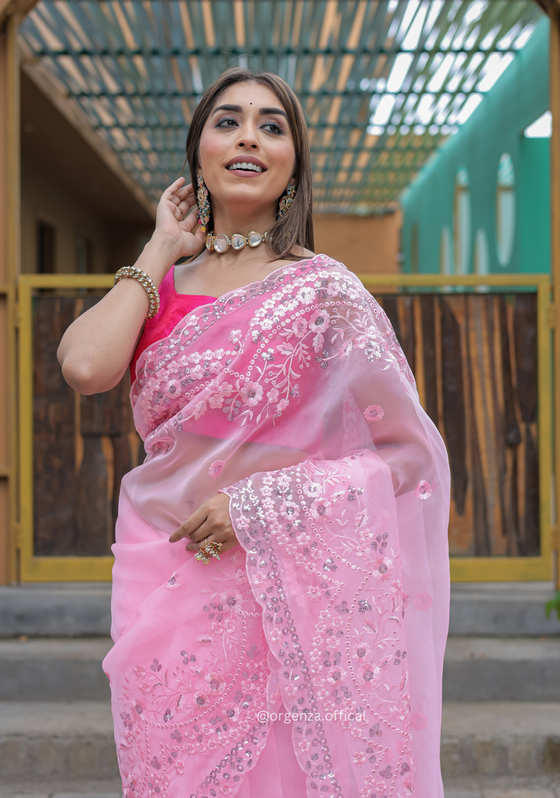 Baby Pink Soft Organza Saree With Sequence Work