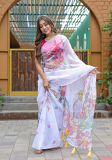 White Colour Butterfly Digital Print Saree