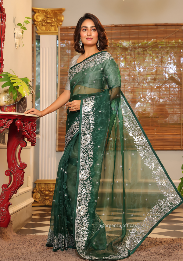 Green Organza Saree With Sequence Embroidered