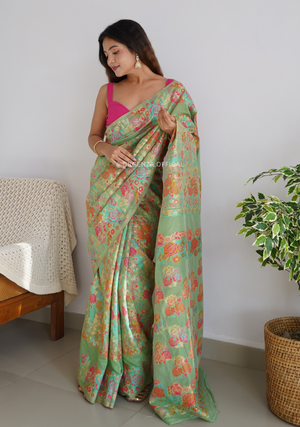 Pure Pashmina Kanchi Weaving Kashmiri Silk Saree - Orgenza Store