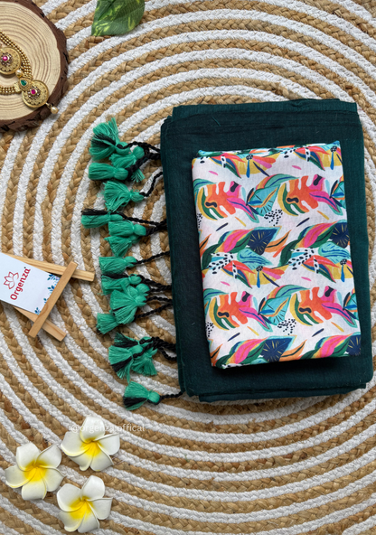 Rama Green Colour Cotton Saree With Multi Print Blouse