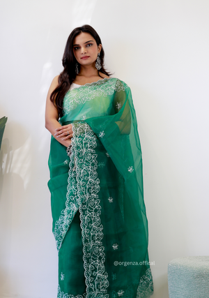 Bottel Green Colour Embroidery Thread Work Saree - Orgenza Store
