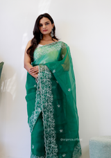 Bottel Green Colour Embroidery Thread Work Saree