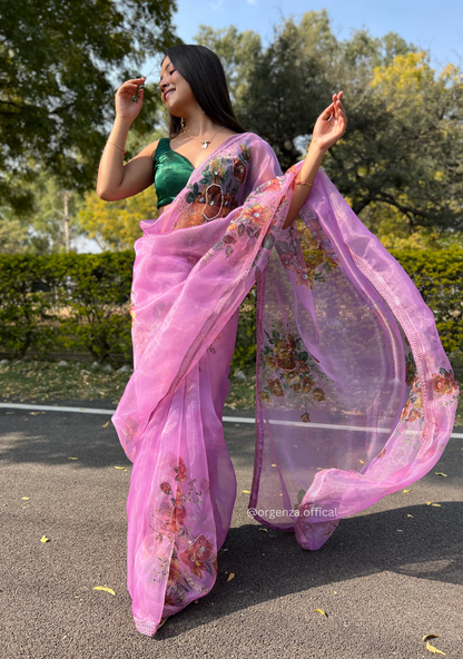 Lavender Colour Organza Saree With Handwork