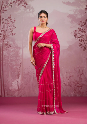 Red Colour Jimmy Choo Saree With Mirror Work - Orgenza Store