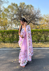 Lavender Colour Organza Saree With Kashmiri Thread Work