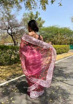 Pink Organza Saree With Chikankari Work - Orgenza Store - digisoch