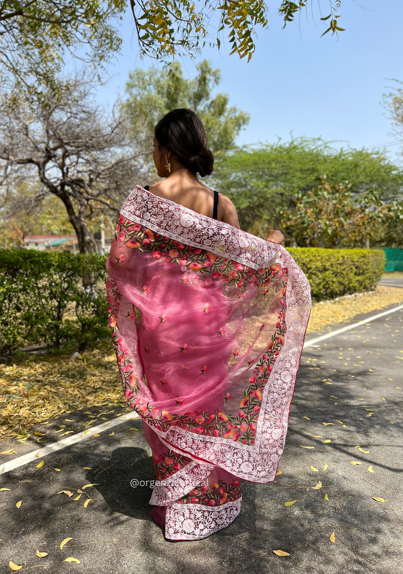 Pink Organza Saree With Chikankari Work