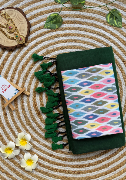 Green Colour Cotton Saree With Multi Dot Print Blouse
