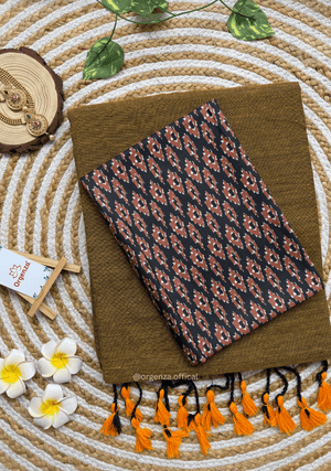 Mustered Yellow Colour Cotton Saree Navy Blue Print Blouse - Orgenza Store - digisoch