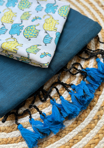 Rama Blue Colour Cotton Saree With Little Elephant Print Blouse
