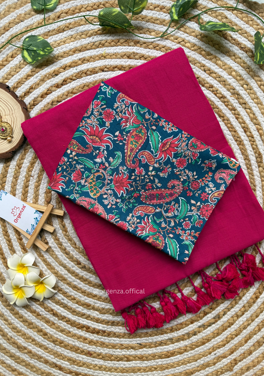 Pink Colour Cotton Saree With Kalamkari Print Blouse