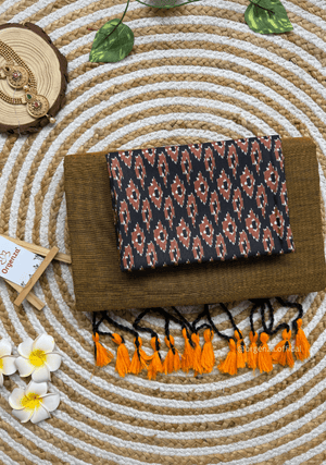 Mustered Yellow Colour Cotton Saree Navy Blue Print Blouse - Orgenza Store - digisoch