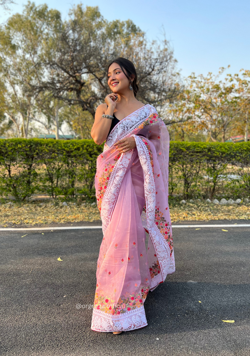 Lavender Organza Saree With Chikankari Work