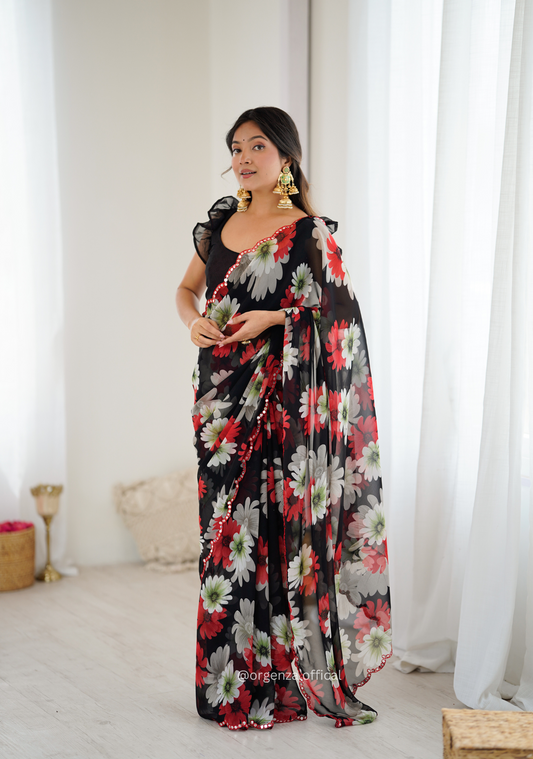 Black Colour Georgette Printed Mirror Saree