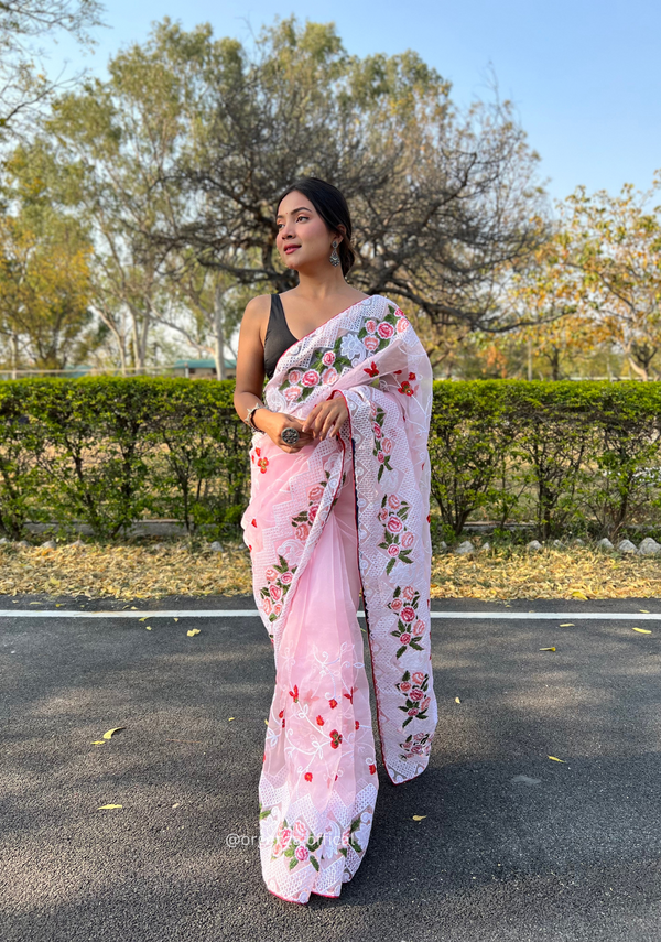 Baby Pink Colour Organza Saree With Kashmiri Thread Work