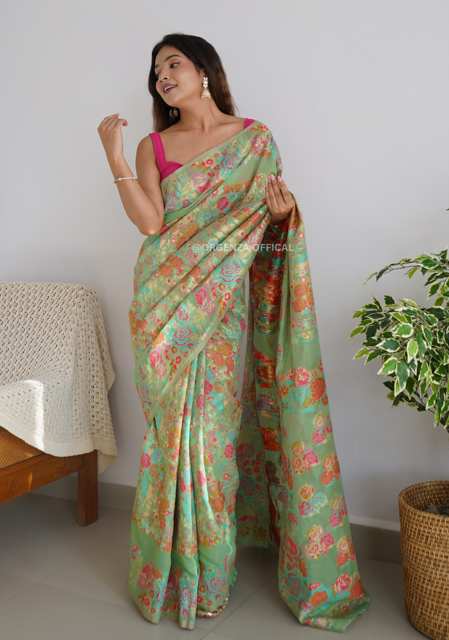 Pure Pashmina Kanchi Weaving Kashmiri Silk Saree - Orgenza Store