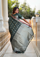 Bottle Green Colour Silk Saree With Gold And Silver Zari
