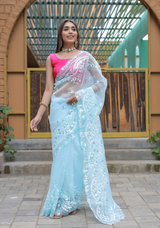 Sky Blue Soft Organza Saree With Sequence Work