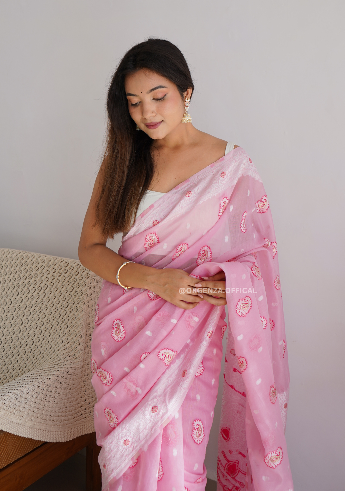 Linen Silk Saree With Badla Weaving - Orgenza Store