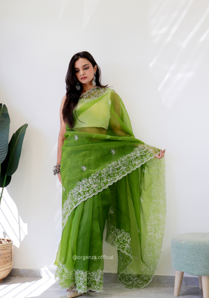 Parrot Green Colour Embroidery Thread Work Saree - Orgenza Store