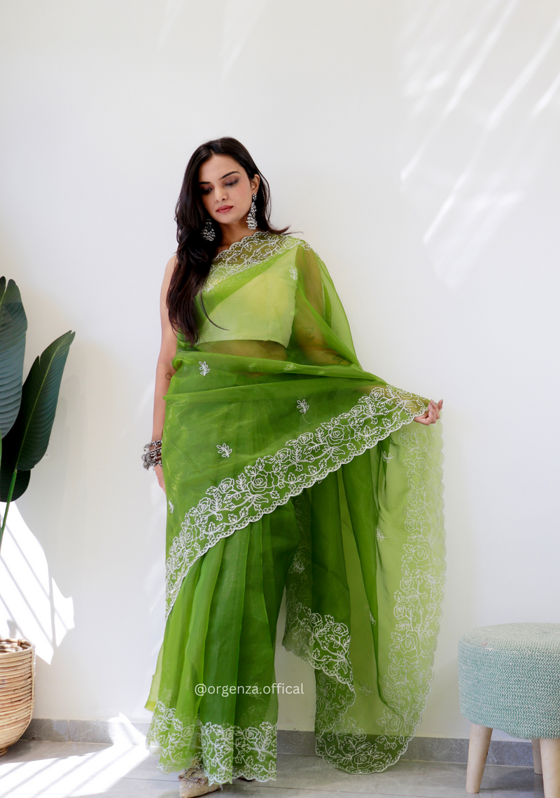 Parrot Green Colour Embroidery Thread Work Saree