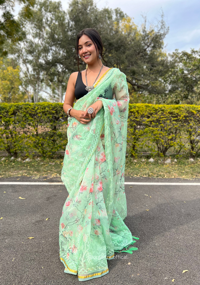 Pista Green Colour Organza Silk Saree With Thread Work