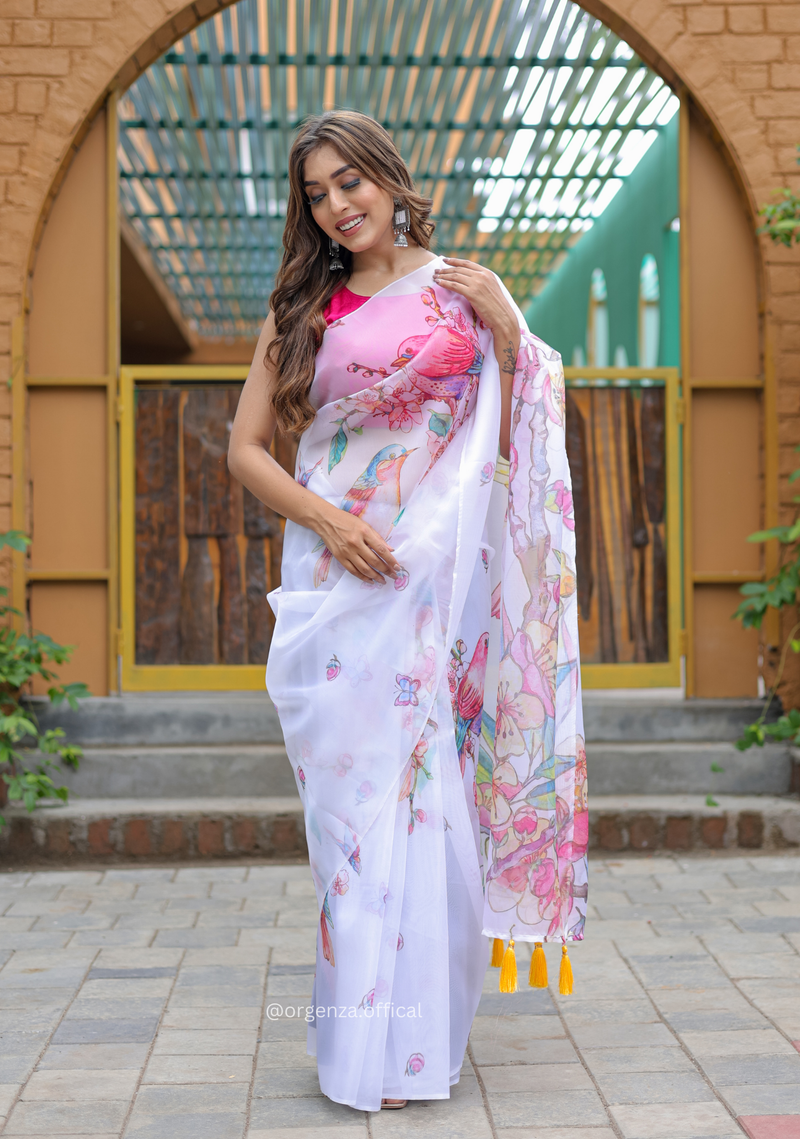 White Colour Butterfly Digital Print Saree