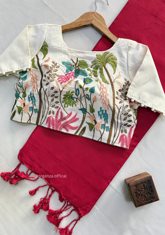 Red Handloom Cotton Saree With Tassels