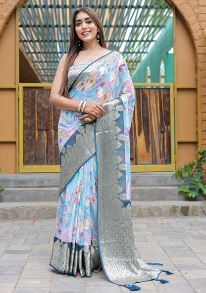 Sky Blue Georgette Saree With Viscose Border - Orgenza Store